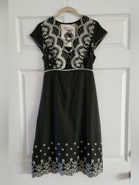 Black Embroidered V-Neck Dress with White Floral Detail